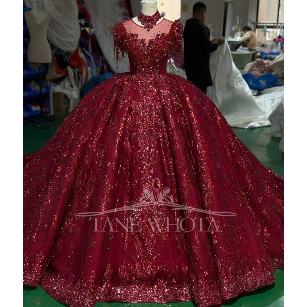 TW714 Customizable Red Evening Dress O-Neck Detachable Sleeve Lace Up Keyhole Back Crystal Beading Sequined Embroidery