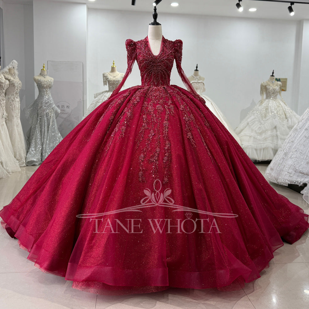 TW590 Customizable Elegant Red Evening Dresses V-Neck Long Sleeve Beaded Sequined Embroidery For Women Party Vestido De Fiesta