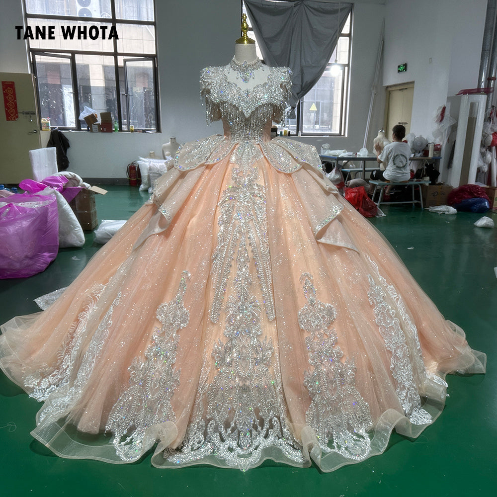 TW251 Vestido Largo Elegante Noche Scalloped Half Sleeve Lace Up Back Crystal Embroidery Beaded Orange Long Dresses