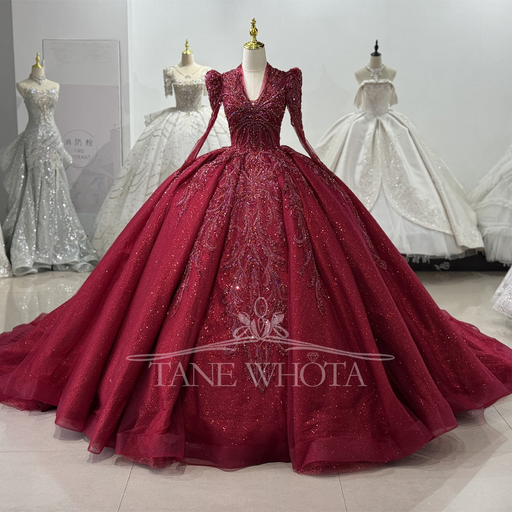 TW648 Customizable V-Neck Long Sleeve Partykleider Crystal Beading Sequined Embroidery Red Evening Gown For Women