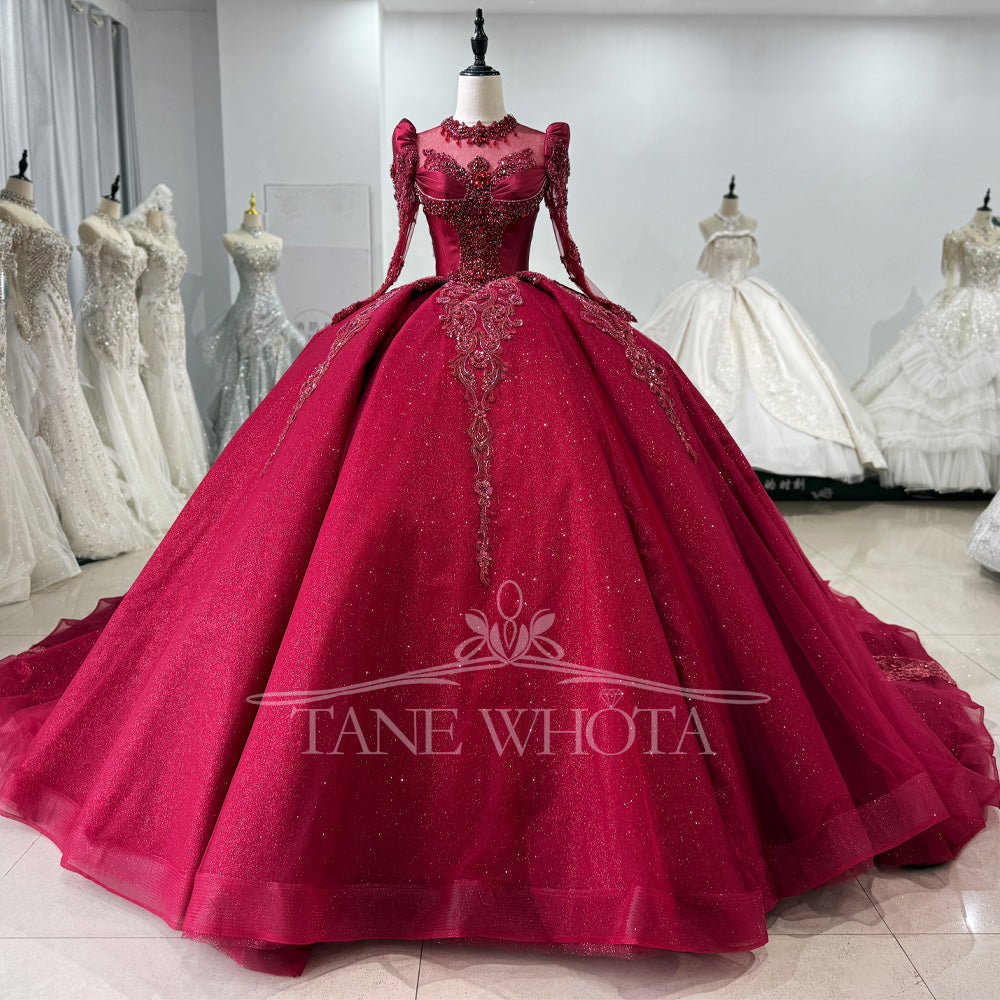 TW589 Customizable Red Evening Dress Long Sleeve Lace-Up Keyhole Back Beaded Crystal Embroidery High Quality Women's Formal Gown