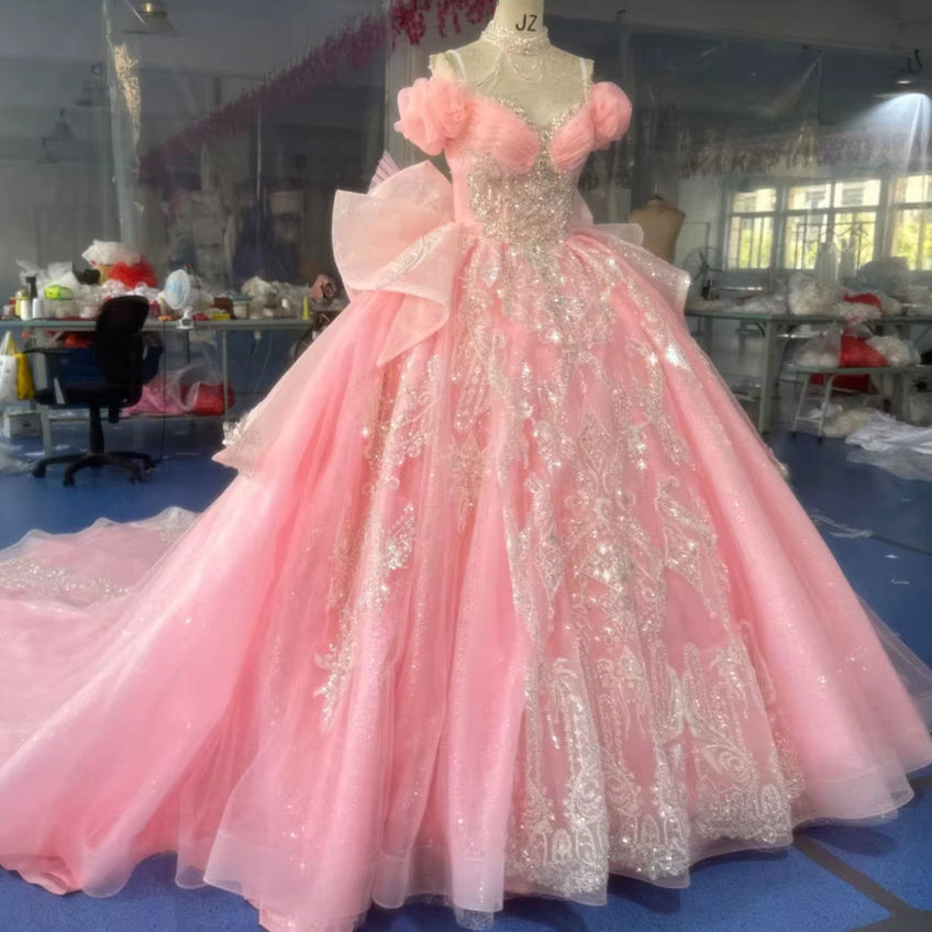 TW267 Evening Gowns Sweetheart Off Shoulder Lace Up Back Evening Dress Bow Sequined Embroidery Beading Pink Long Dress Customized