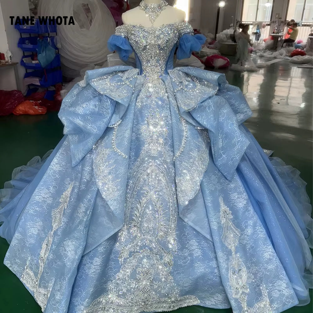 TW257 Luxury Prom Dress Sweetheart Off Shoulder Lace Up Back Bow Crystal Embroidery Beaded Blue Long Dresses For Special Occasions