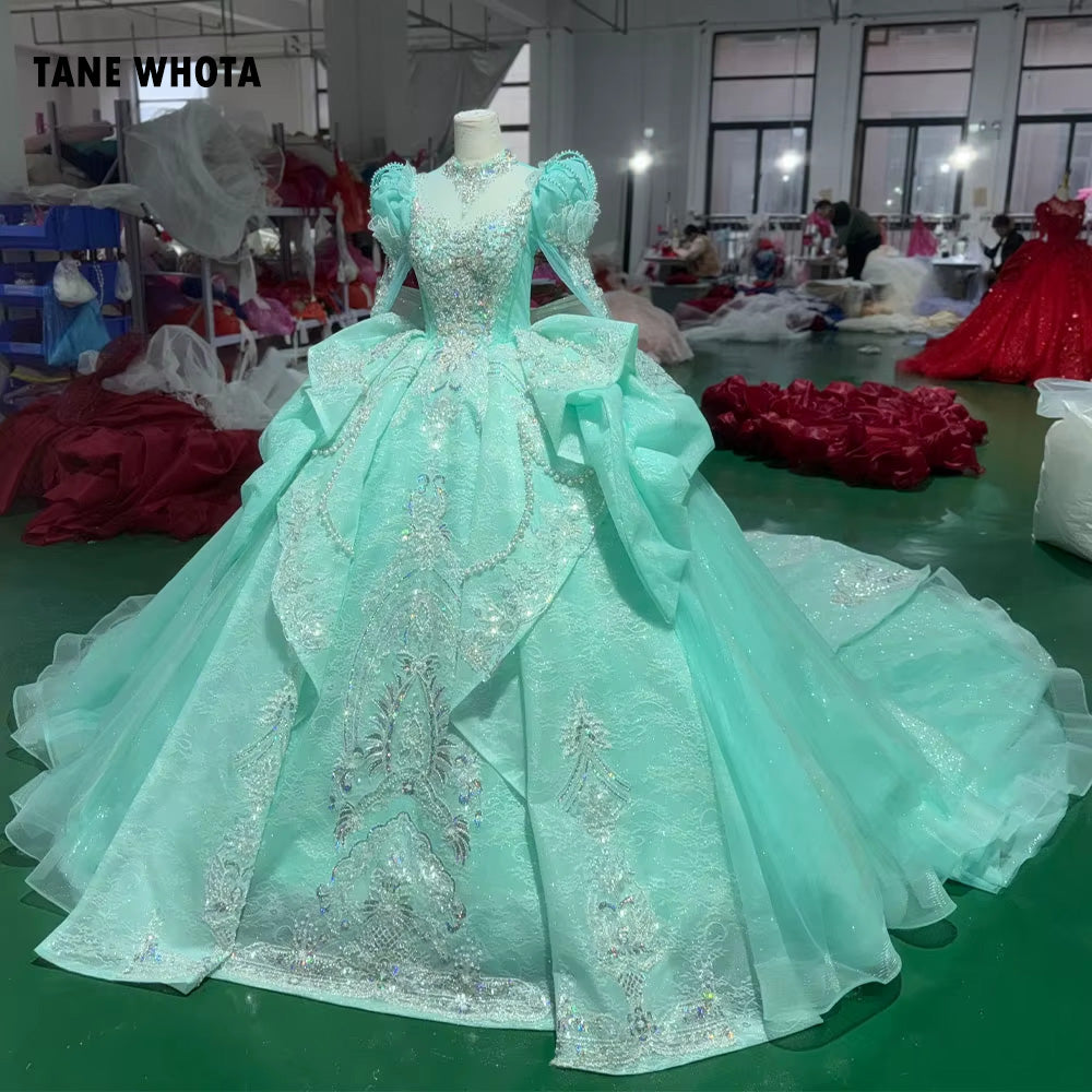TW250 Turquoise Robe De Soirée Luxury High Long Sleeve Crystal Embroidery Beaded Keyhole Back Green Long Dresses For Special Occasions