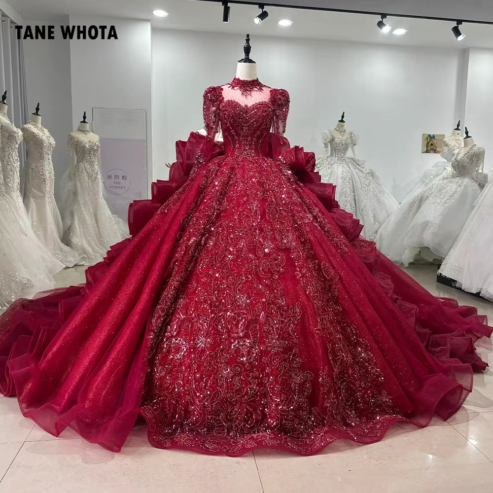 TW248 Luxury Evening Dresses 2025 High Long Sleeve Crystal Embroidery Beaded Keyhole Back Ruffles Red Long Dresses