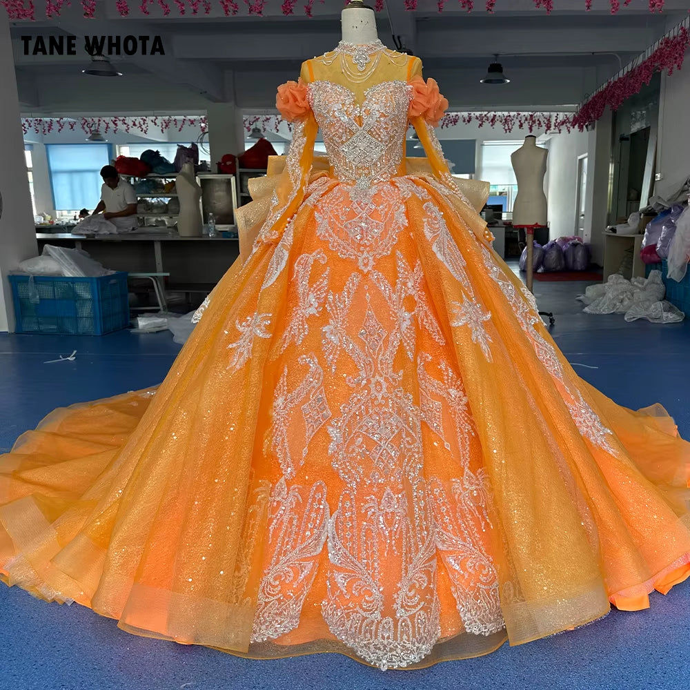 TW259 Luxury Evening Dress High Long Sleeve Lace Up Keyhole Back Crystal Embroidery Beaded Orange Long Dresses For Special Occasions
