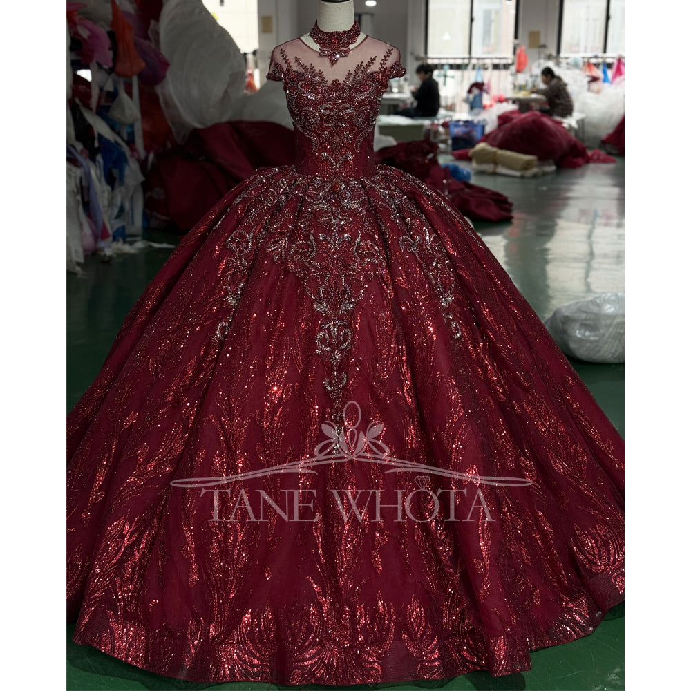 TW712 Red Evening Dress O-Neck Cap Sleeve Lace-Up Keyhole Back Beaded Crystal Sequined Embroidered Customizable Gown