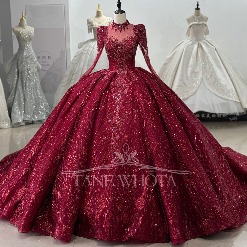 TW649 Women's Customizable High Long Sleeve Evening Dress Lace-Up Keyhole Back Crystal Sequined Embroidery Gown For Special Occasions