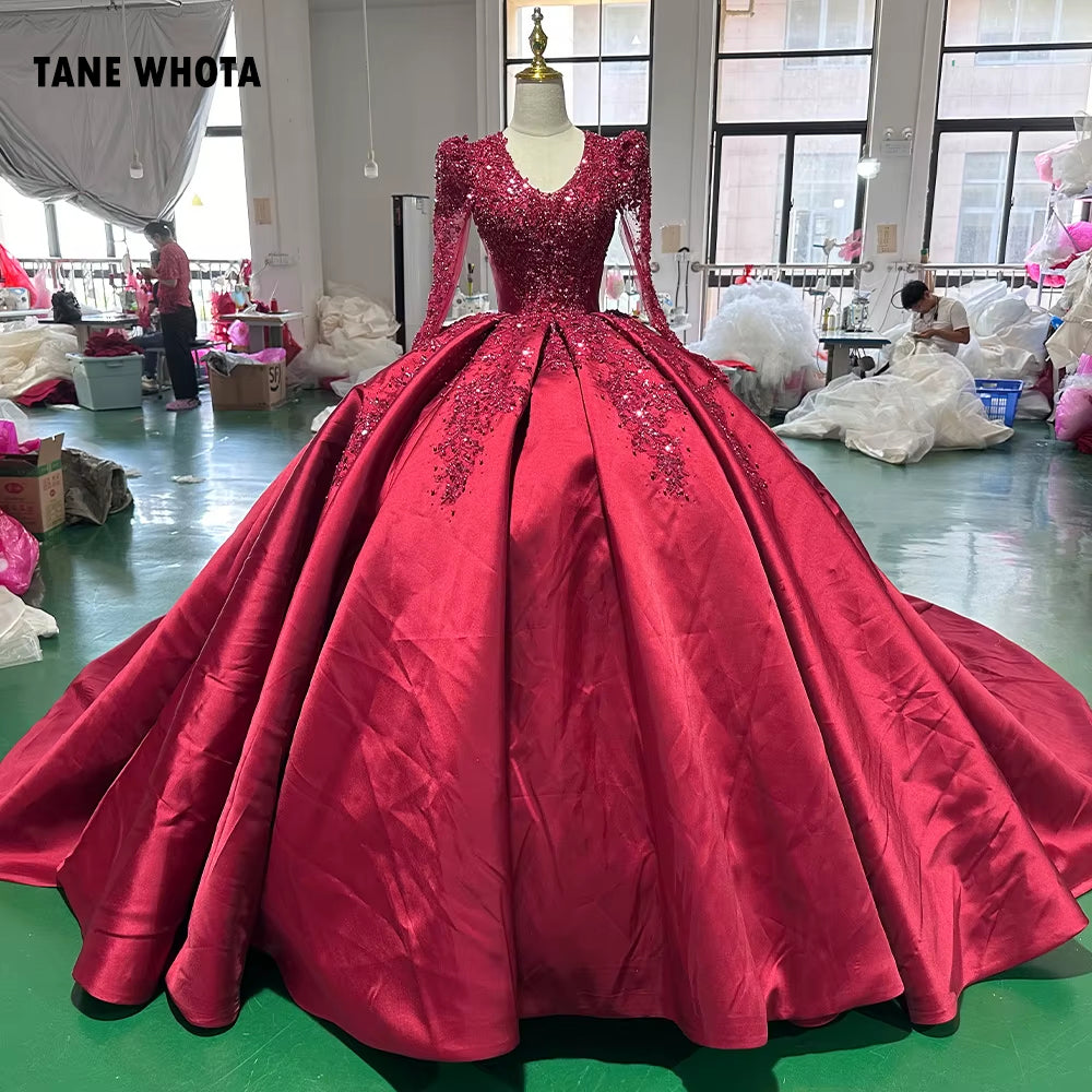 TW258 Luxurious Evening Dresses V-Neck Long Sleeve Lace Up Keyhole Back Crystal Embroidery Beaded Red Long Dresses Customized