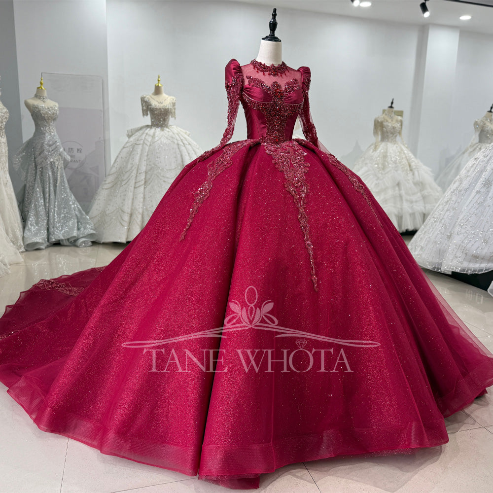 TW589 Customizable Red Evening Dress Long Sleeve Lace-Up Keyhole Back Beaded Crystal Embroidery High Quality Women's Formal Gown