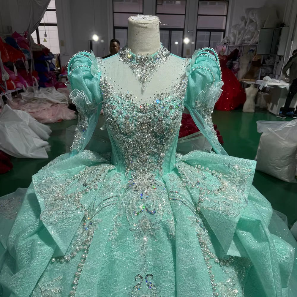 TW250 Turquoise Robe De Soirée Luxury High Long Sleeve Crystal Embroidery Beaded Keyhole Back Green Long Dresses For Special Occasions
