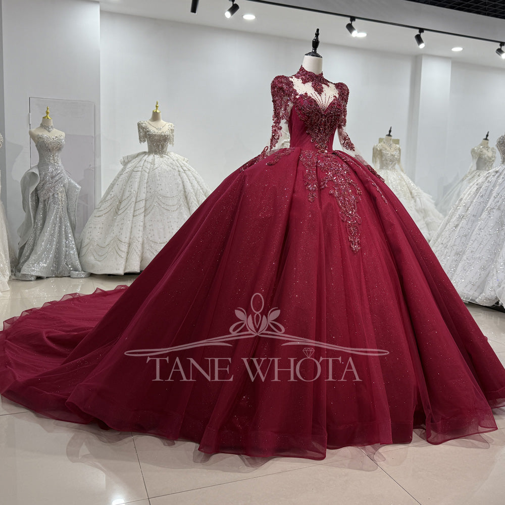 TW552 Robe Soirée De Luxe 2025 High Long Sleeve Red Ball Gown Women's Evening Dress Sequined Beading Elegant Fashionable