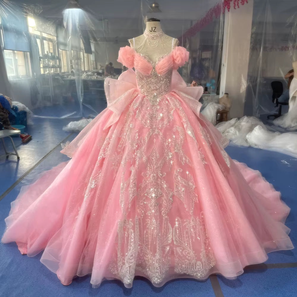 TW267 Evening Gowns Sweetheart Off Shoulder Lace Up Back Evening Dress Bow Sequined Embroidery Beading Pink Long Dress Customized