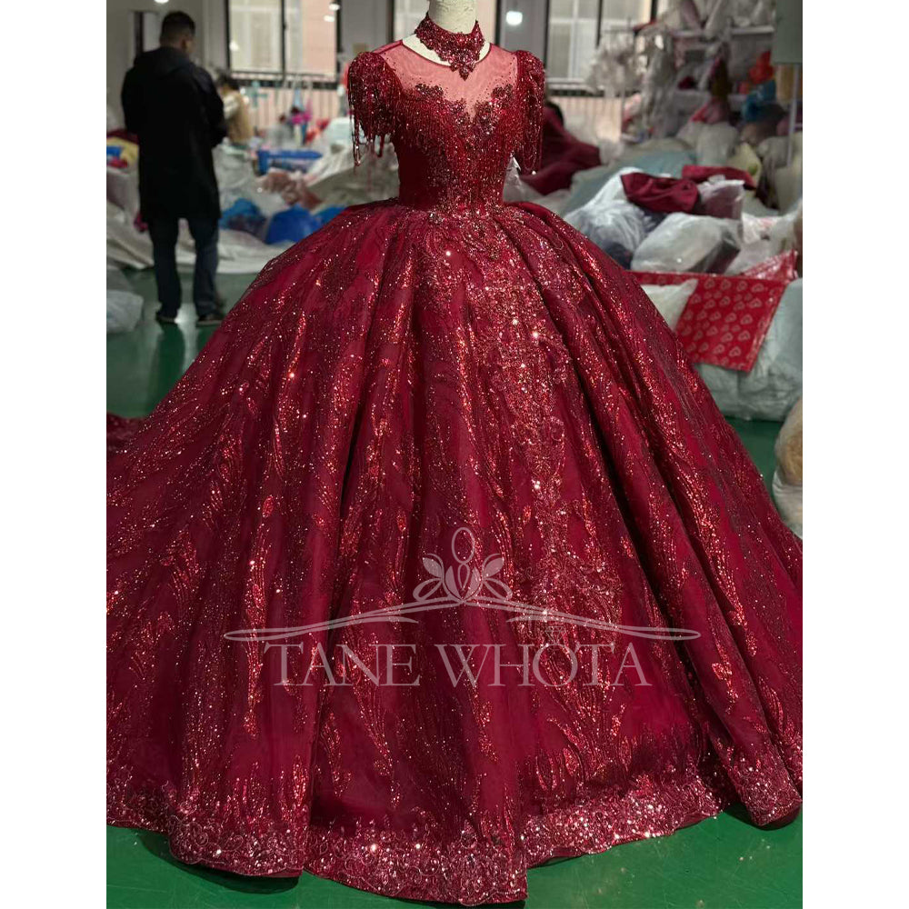 TW714 Customizable Red Evening Dress O-Neck Detachable Sleeve Lace Up Keyhole Back Crystal Beading Sequined Embroidery