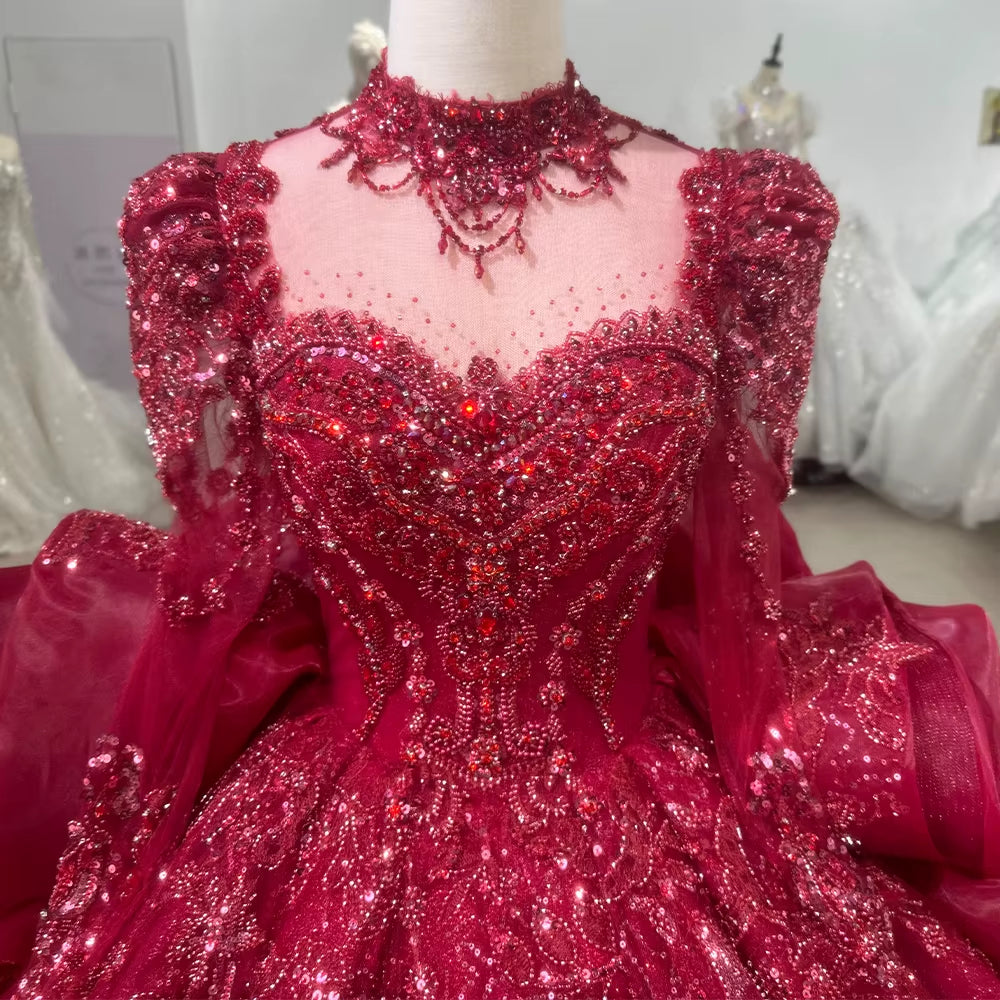 TW248 Luxury Evening Dresses 2025 High Long Sleeve Crystal Embroidery Beaded Keyhole Back Ruffles Red Long Dresses