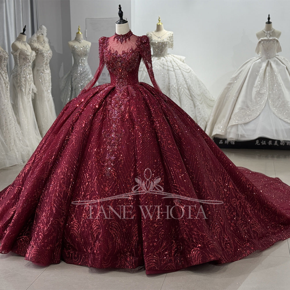 TW649 Women's Customizable High Long Sleeve Evening Dress Lace-Up Keyhole Back Crystal Sequined Embroidery Gown For Special Occasions