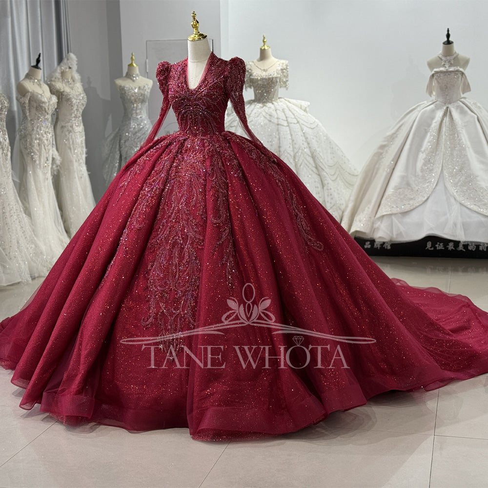 TW648 Customizable V-Neck Long Sleeve Partykleider Crystal Beading Sequined Embroidery Red Evening Gown For Women
