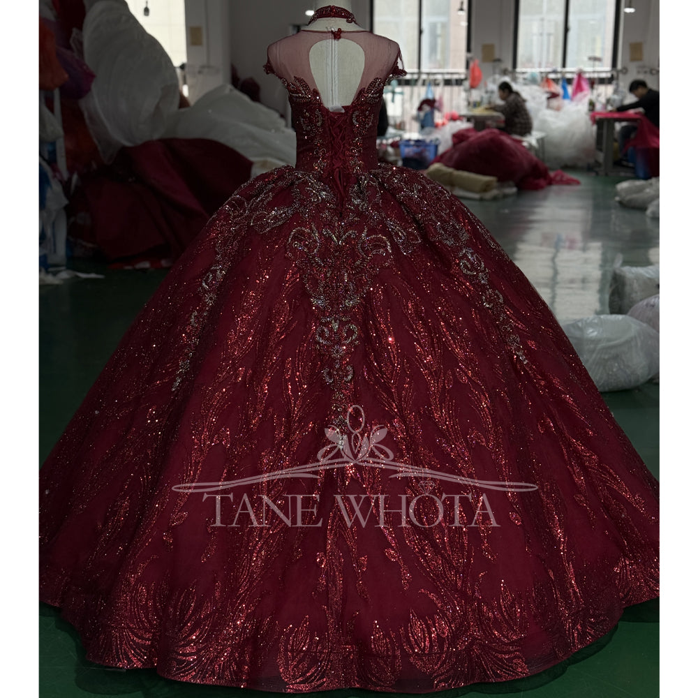 TW712 Red Evening Dress O-Neck Cap Sleeve Lace-Up Keyhole Back Beaded Crystal Sequined Embroidered Customizable Gown