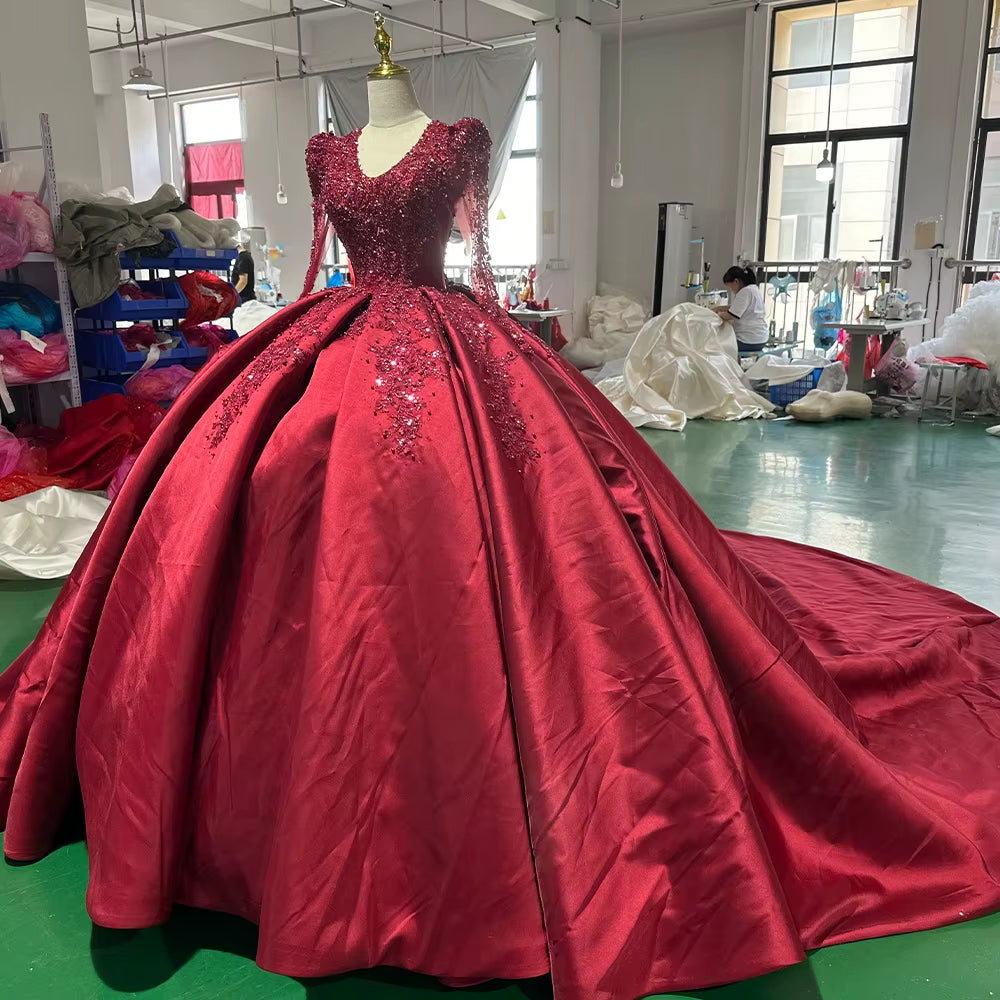 TW258 Luxurious Evening Dresses V-Neck Long Sleeve Lace Up Keyhole Back Crystal Embroidery Beaded Red Long Dresses Customized
