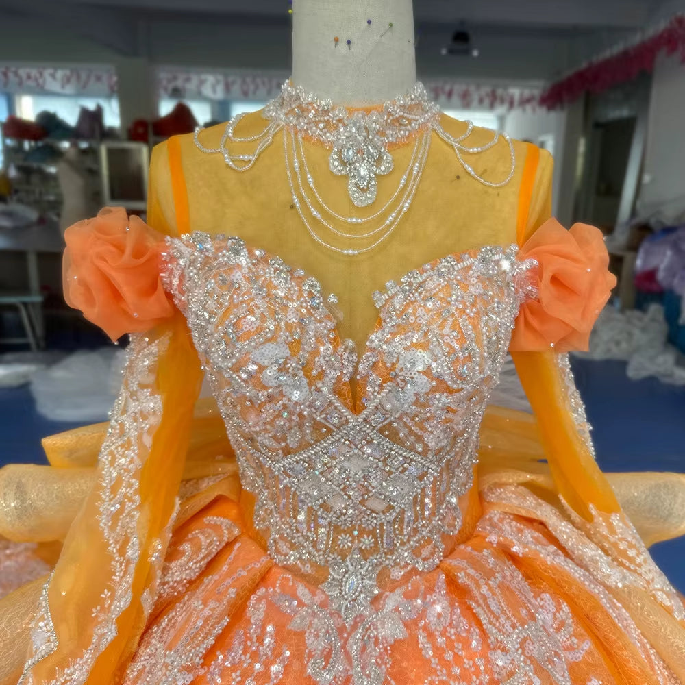 TW259 Luxury Evening Dress High Long Sleeve Lace Up Keyhole Back Crystal Embroidery Beaded Orange Long Dresses For Special Occasions