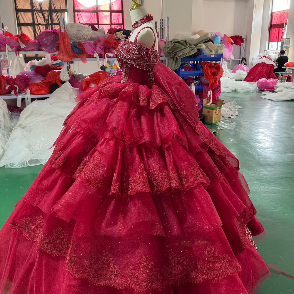 TW253 Abendkleider Sweetheart Off-Shoulder Evening Dress Crystal Embroidery Beaded Lace Up Back Red Long Dresses For Special Occasions