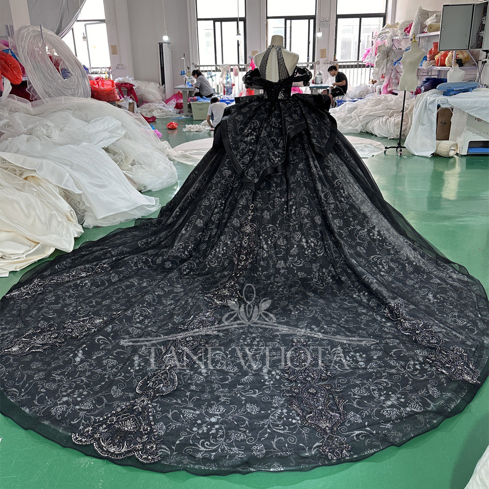 TW454 Black Long Evening Dress Robe Soirée Halter Off-Shoulder Sequined Embroidery Crystal Detail Customizable Size for Women