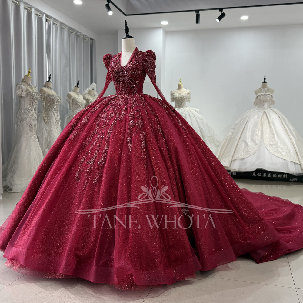 TW590 Customizable Elegant Red Evening Dresses V-Neck Long Sleeve Beaded Sequined Embroidery For Women Party Vestido De Fiesta