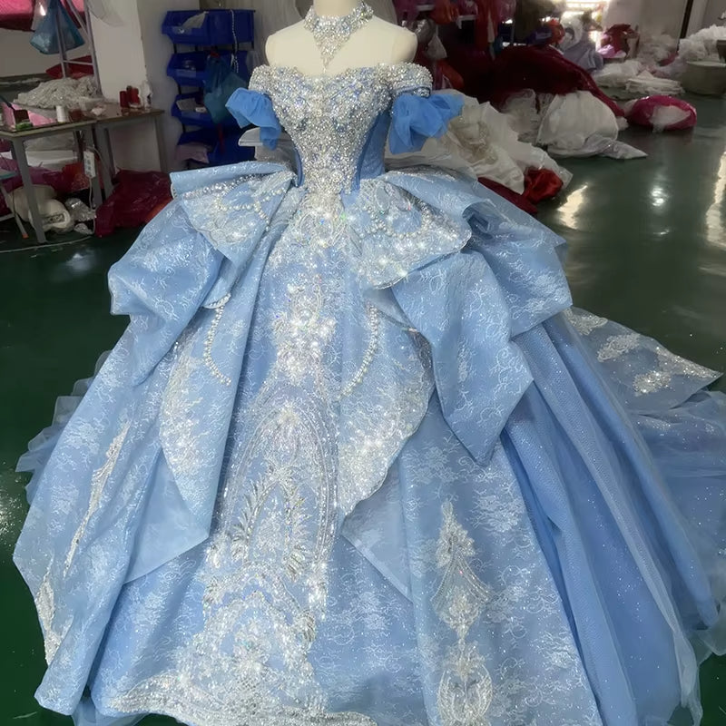 TW257 Luxury Prom Dress Sweetheart Off Shoulder Lace Up Back Bow Crystal Embroidery Beaded Blue Long Dresses For Special Occasions