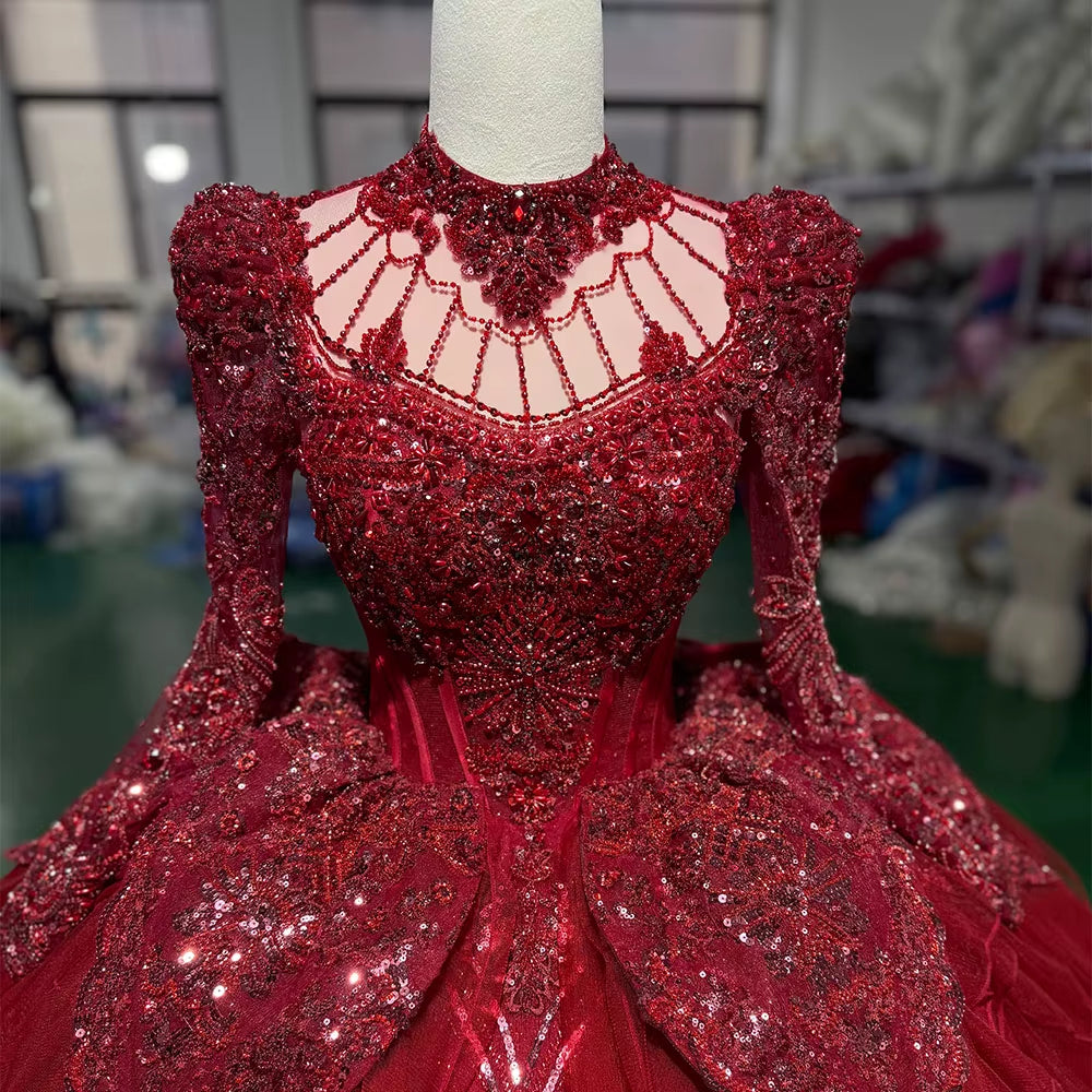 TW256 Evening Dresses Luxury Party Long Sleeve High Keyhole Back Crystal Embroidery Beading Red Long Dresses For Special Occasions