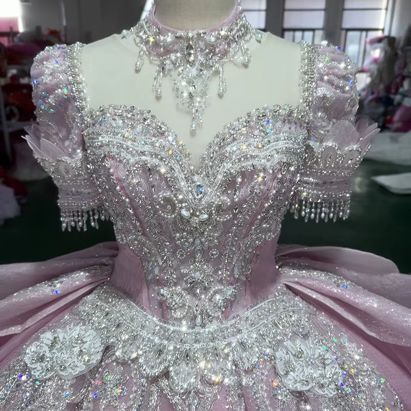 TW252 Women Evening Dresses Short Sleeve O-Neck Crystal Embroidery Beaded Keyhole Back Pink Long Dresses For Special Occasions