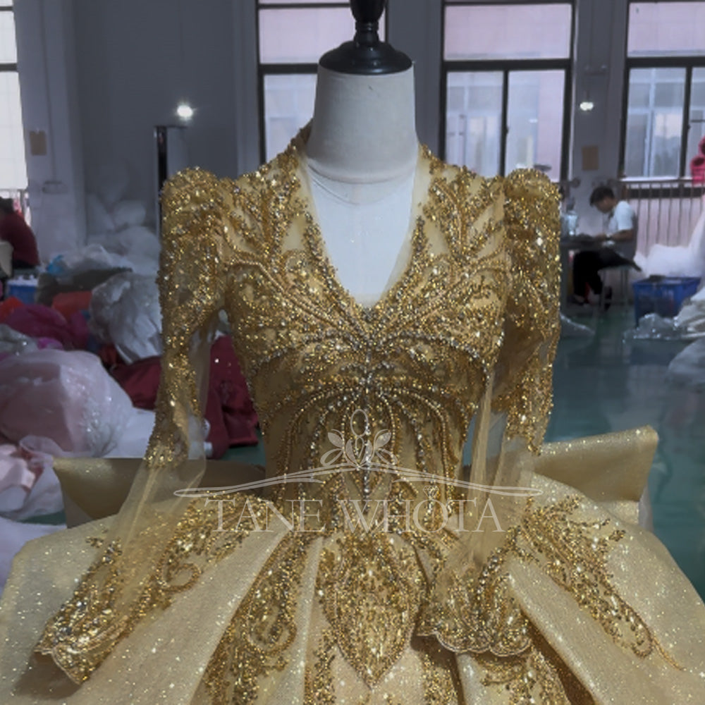 TW506 Elegant V-Neck Evening Dress 2025 Long Sleeve Lace-Up Back Sequined Beading Yellow Ball Gown For Women Party Wear