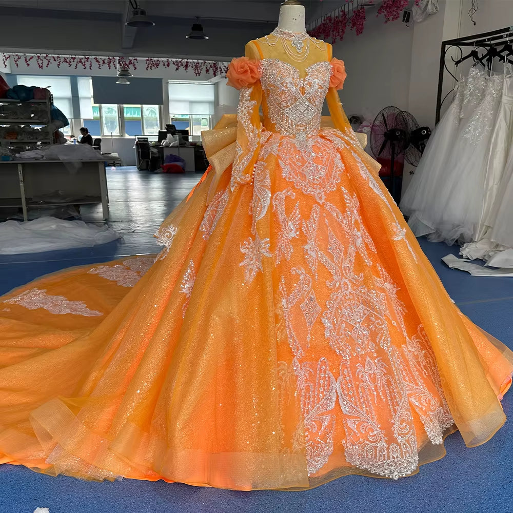 TW259 Luxury Evening Dress High Long Sleeve Lace Up Keyhole Back Crystal Embroidery Beaded Orange Long Dresses For Special Occasions