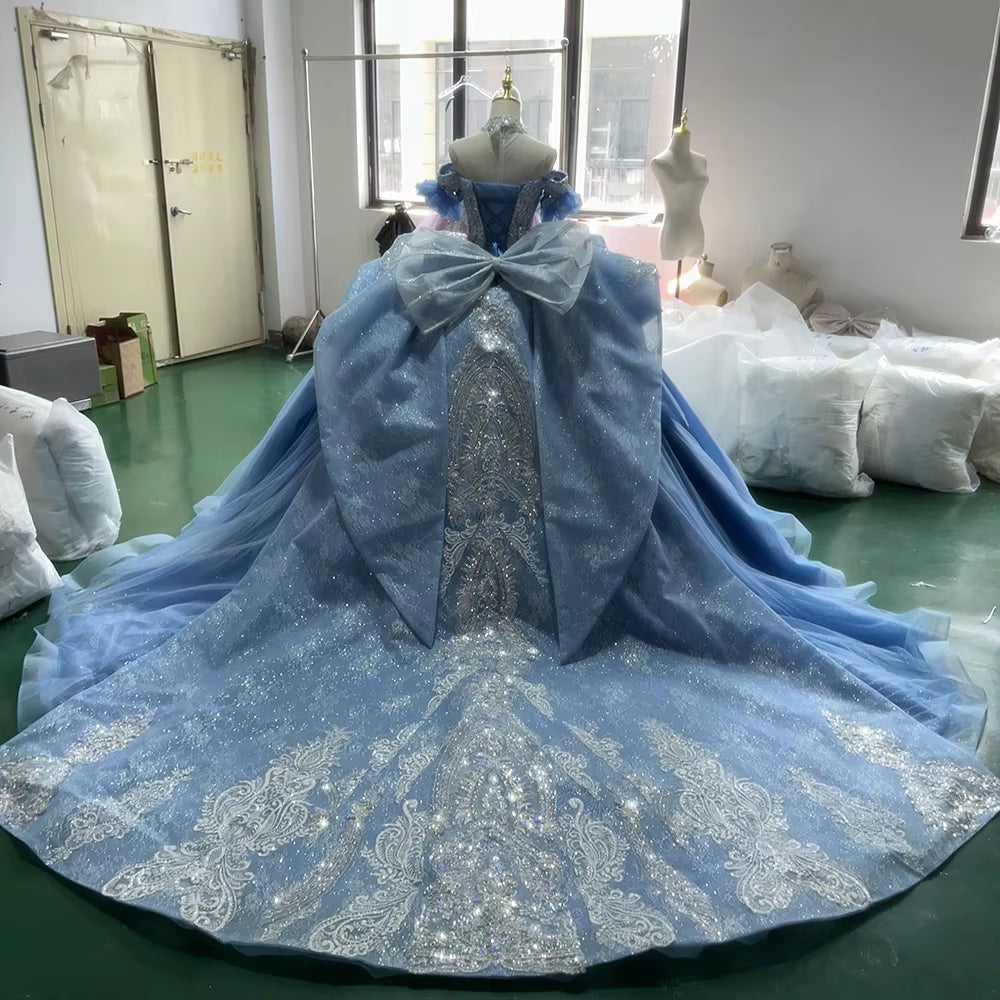 TW257 Luxury Prom Dress Sweetheart Off Shoulder Lace Up Back Bow Crystal Embroidery Beaded Blue Long Dresses For Special Occasions