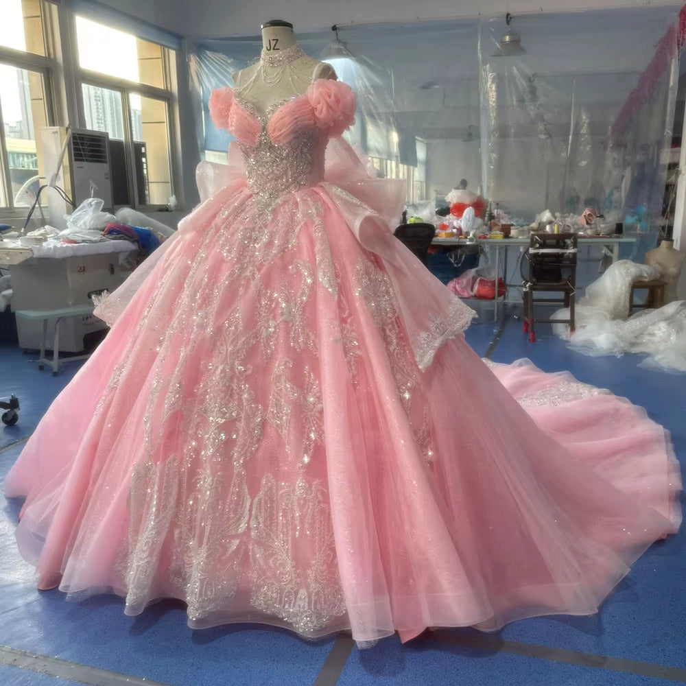 TW267 Evening Gowns Sweetheart Off Shoulder Lace Up Back Evening Dress Bow Sequined Embroidery Beading Pink Long Dress Customized