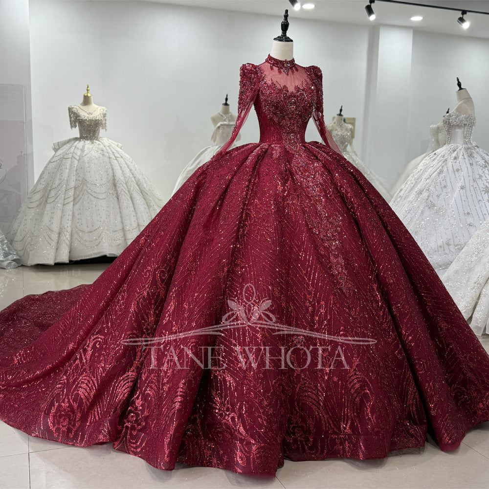 TW649 Women's Customizable High Long Sleeve Evening Dress Lace-Up Keyhole Back Crystal Sequined Embroidery Gown For Special Occasions