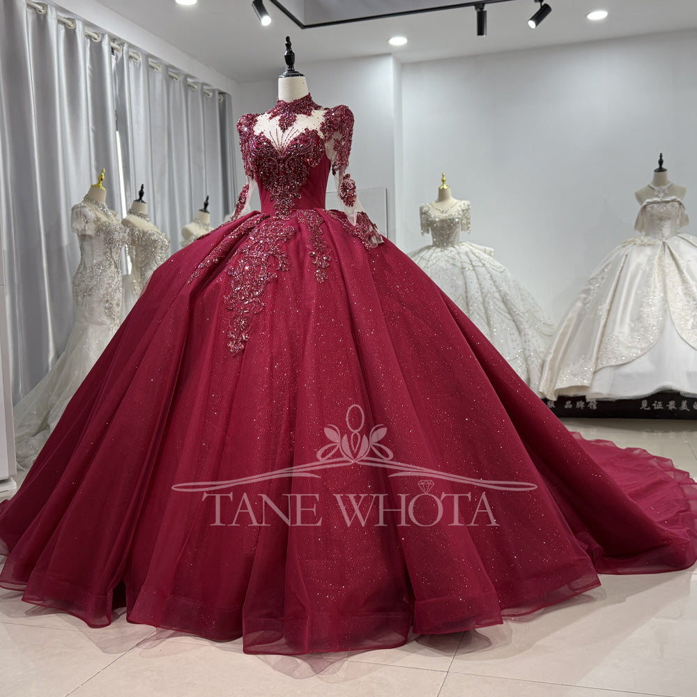 TW552 Robe Soirée De Luxe 2025 High Long Sleeve Red Ball Gown Women's Evening Dress Sequined Beading Elegant Fashionable