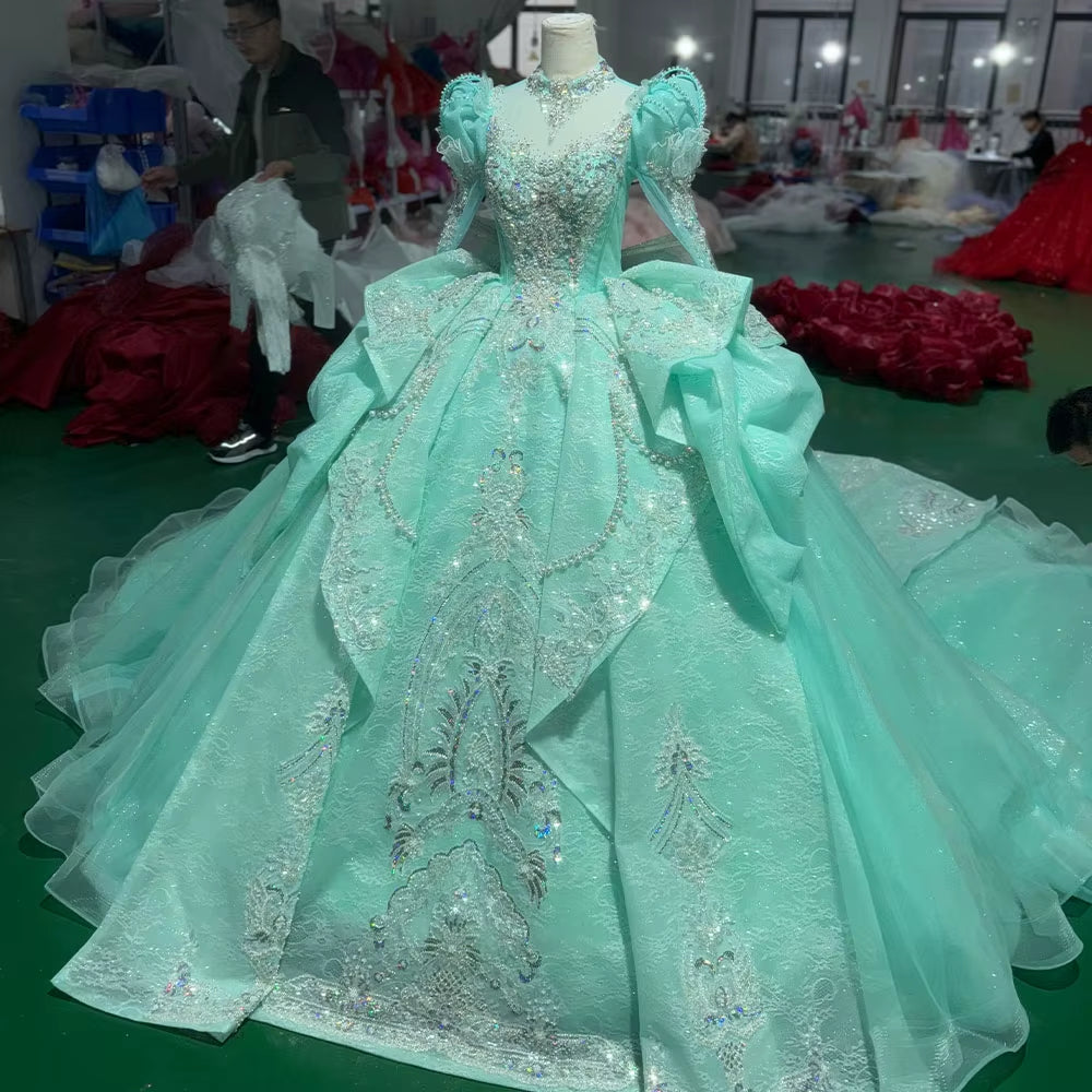 TW250 Turquoise Robe De Soirée Luxury High Long Sleeve Crystal Embroidery Beaded Keyhole Back Green Long Dresses For Special Occasions