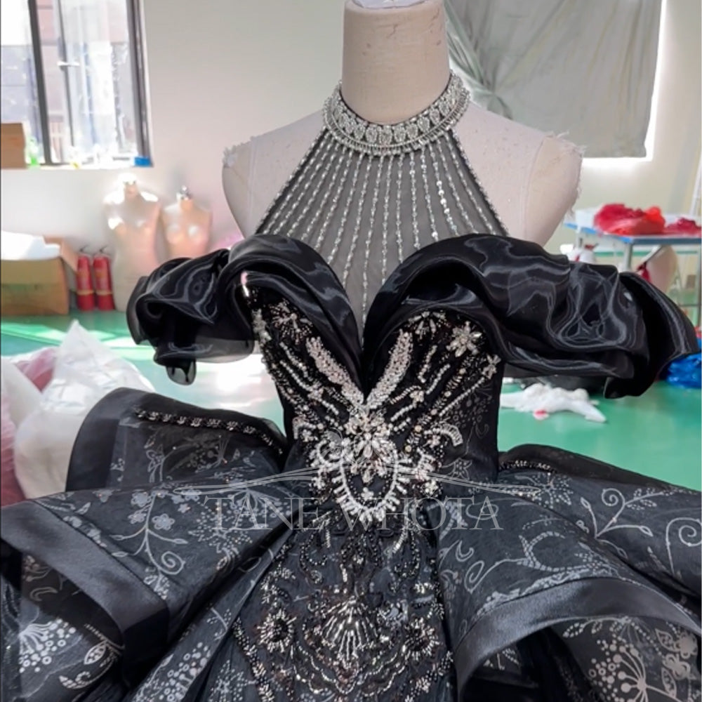 TW454 Black Long Evening Dress Robe Soirée Halter Off-Shoulder Sequined Embroidery Crystal Detail Customizable Size for Women