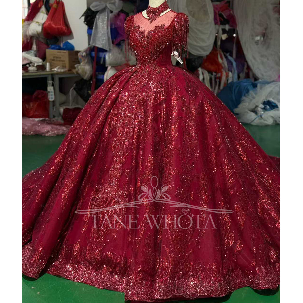 TW714 Customizable Red Evening Dress O-Neck Detachable Sleeve Lace Up Keyhole Back Crystal Beading Sequined Embroidery