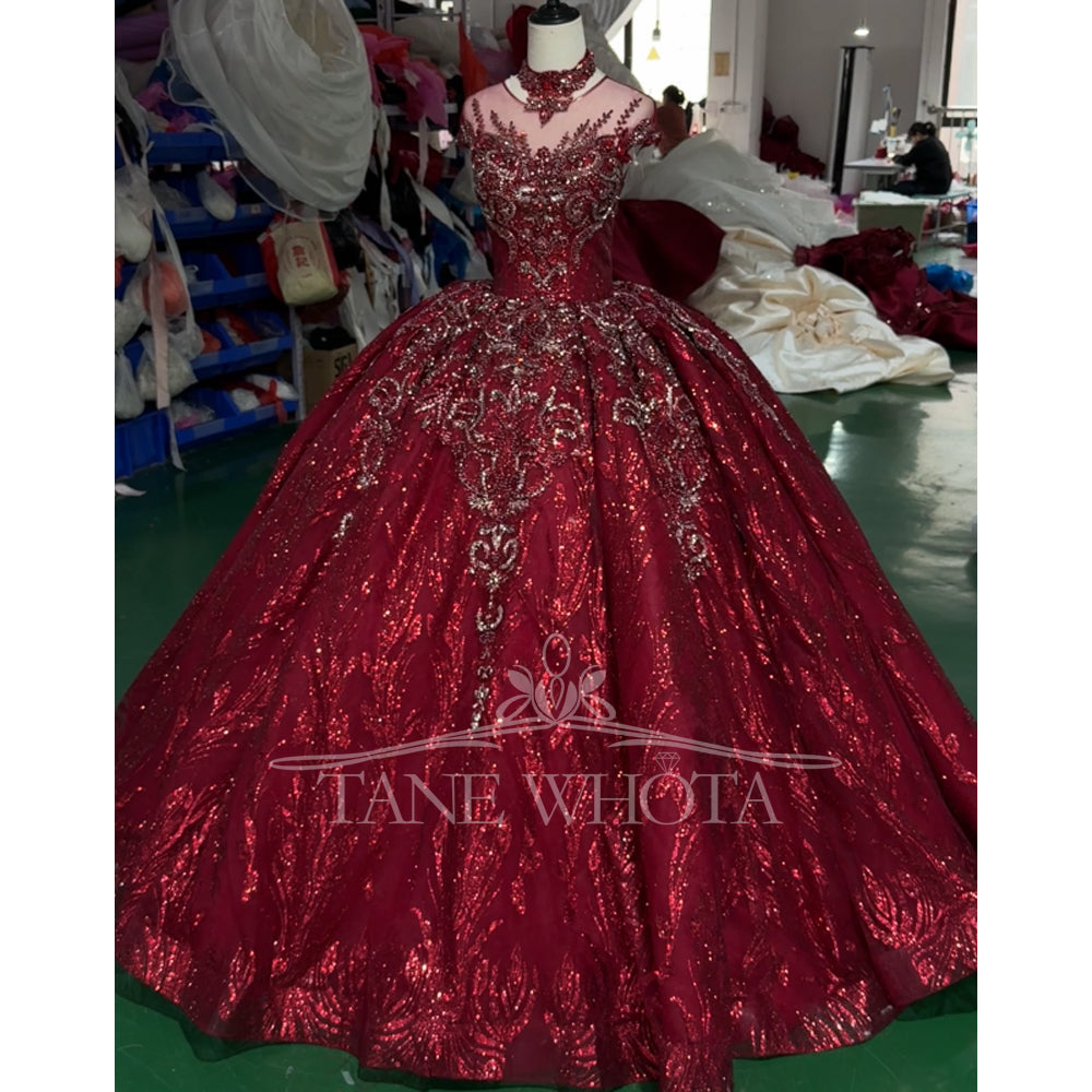 TW712 Red Evening Dress O-Neck Cap Sleeve Lace-Up Keyhole Back Beaded Crystal Sequined Embroidered Customizable Gown