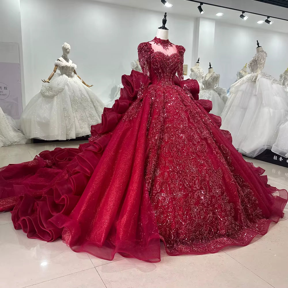 TW248 Luxury Evening Dresses 2025 High Long Sleeve Crystal Embroidery Beaded Keyhole Back Ruffles Red Long Dresses