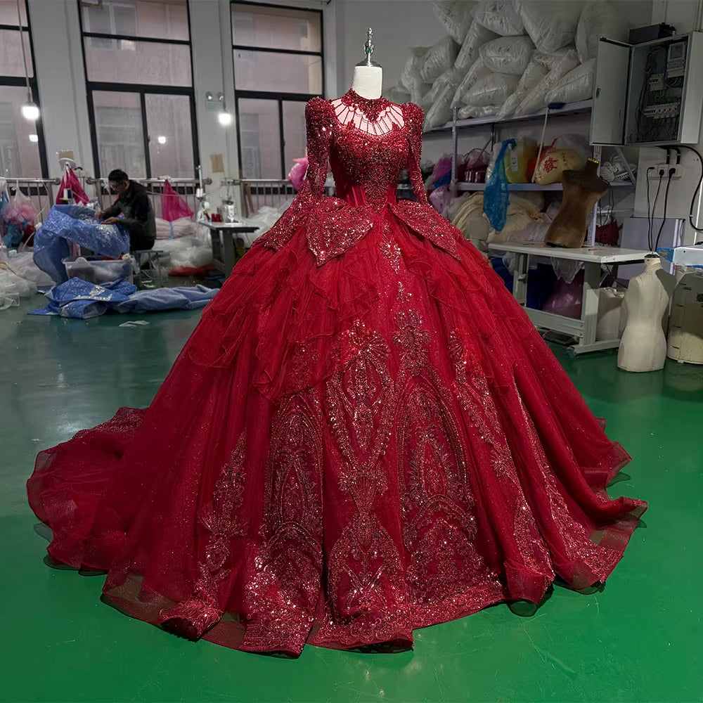 TW256 Evening Dresses Luxury Party Long Sleeve High Keyhole Back Crystal Embroidery Beading Red Long Dresses For Special Occasions