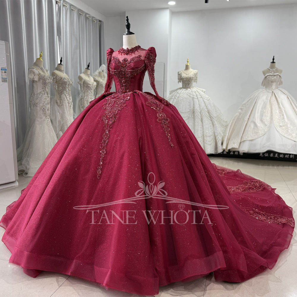 TW589 Customizable Red Evening Dress Long Sleeve Lace-Up Keyhole Back Beaded Crystal Embroidery High Quality Women's Formal Gown