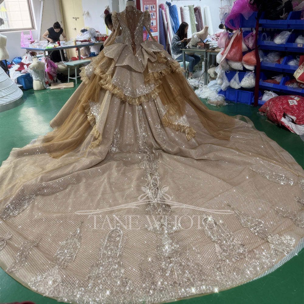 TW591 Customizable High Flare Sleeve Prom Dress 2025 Lace-Up Back Crystal Sequined Embroidery Evening Gown For Women