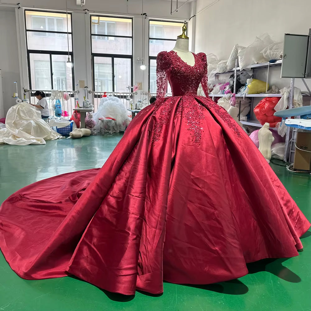 TW258 Luxurious Evening Dresses V-Neck Long Sleeve Lace Up Keyhole Back Crystal Embroidery Beaded Red Long Dresses Customized