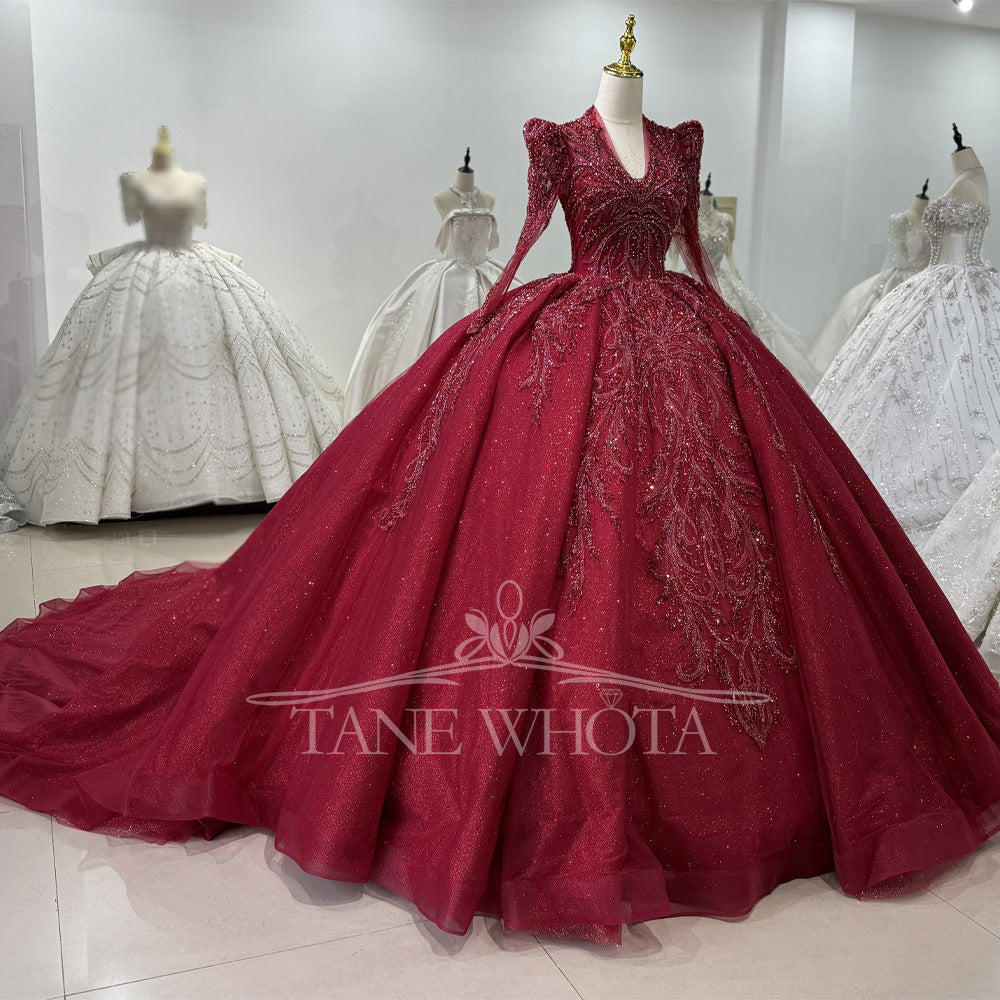 TW648 Customizable V-Neck Long Sleeve Partykleider Crystal Beading Sequined Embroidery Red Evening Gown For Women