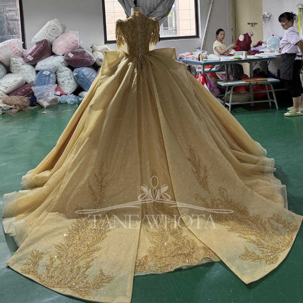 TW506 Elegant V-Neck Evening Dress 2025 Long Sleeve Lace-Up Back Sequined Beading Yellow Ball Gown For Women Party Wear