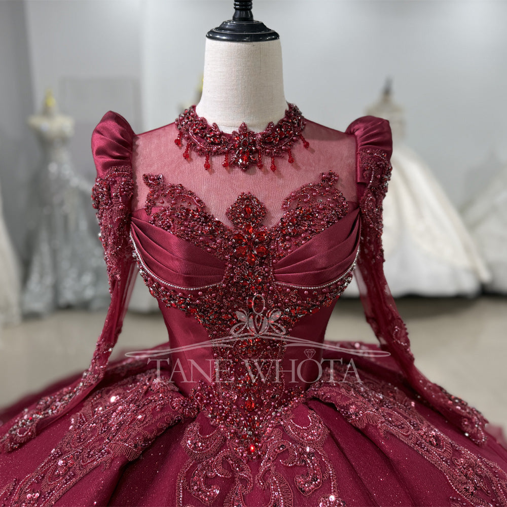 TW589 Customizable Red Evening Dress Long Sleeve Lace-Up Keyhole Back Beaded Crystal Embroidery High Quality Women's Formal Gown