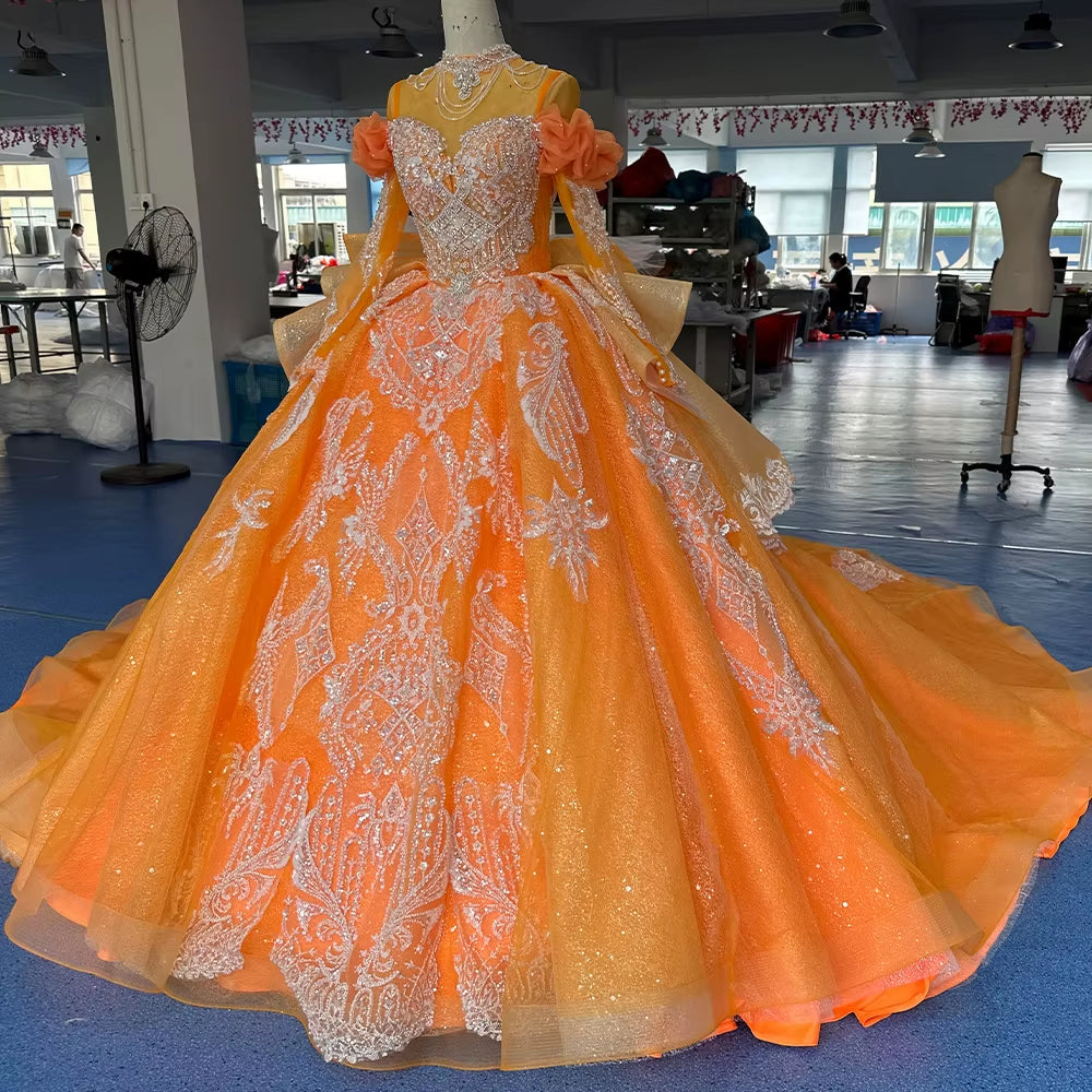 TW259 Luxury Evening Dress High Long Sleeve Lace Up Keyhole Back Crystal Embroidery Beaded Orange Long Dresses For Special Occasions