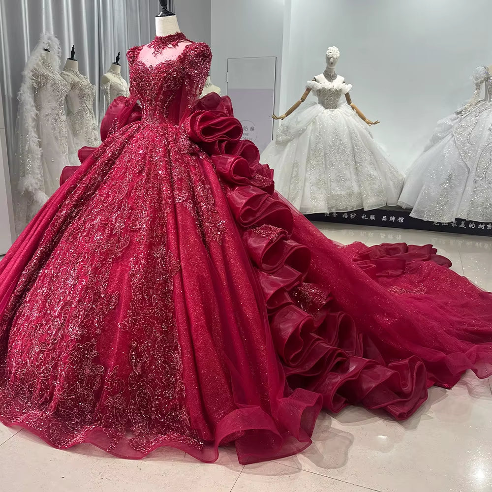 TW248 Luxury Evening Dresses 2025 High Long Sleeve Crystal Embroidery Beaded Keyhole Back Ruffles Red Long Dresses